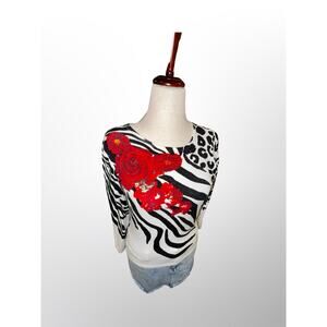 Women’s Peck & Peck Zebra Floral Beaded Sweater Size M Y2K